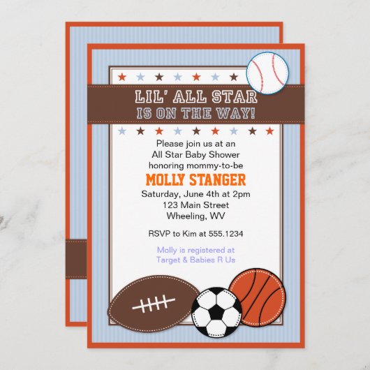 オールスタースポーツベビーシャワー招待状 招待状 (正面/裏面)