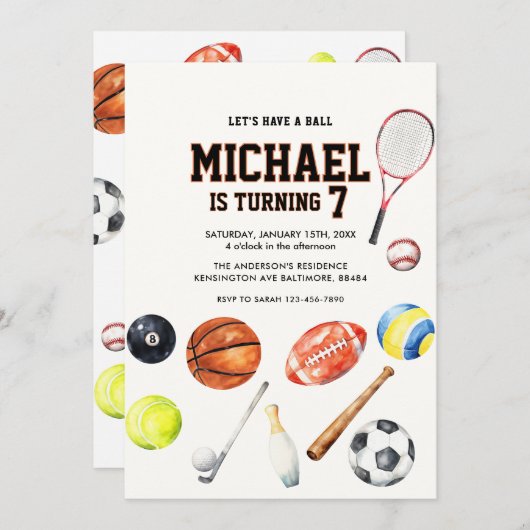 オールスタースポーツボールチームキッドボーイ誕生日 招待状 (正面/裏面)