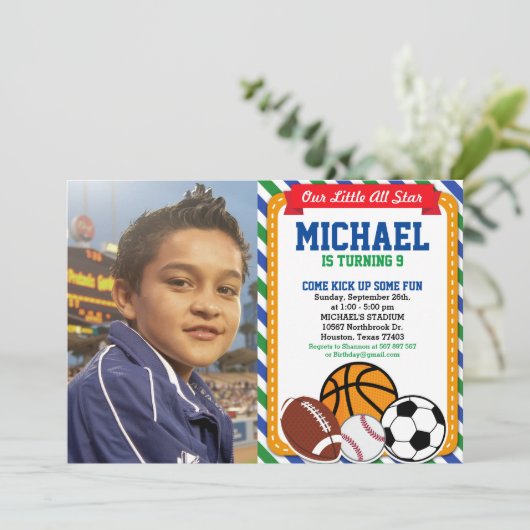 オールスタースポーツ誕生日パーティフォト招待状 招待状 (スタンド正面)