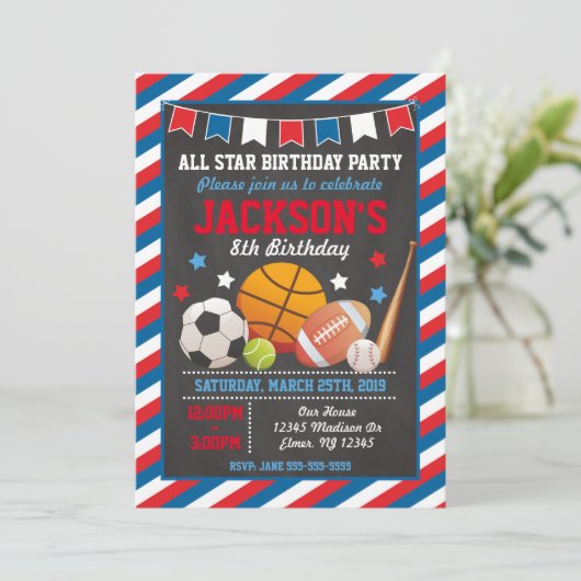 オールスタースポーツ誕生日招待状フォーボーイズ 招待状 (スタンド正面)