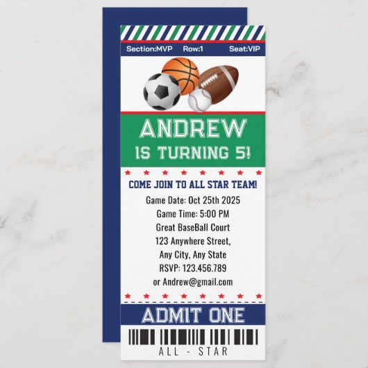 オールスターズスポーツチケット誕生日招待状 招待状 (正面/裏面)