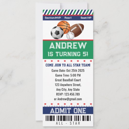 オールスターズスポーツチケット誕生日招待状 招待状 (正面)
