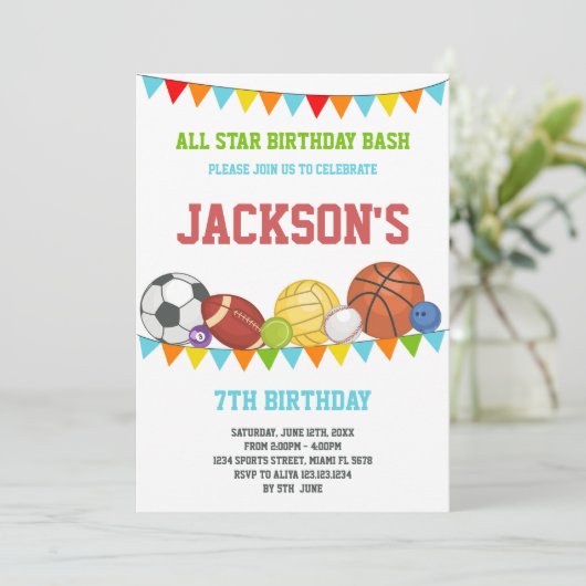 オールスターズスポーツパーティー誕生日招待状 招待状 (スタンド正面)