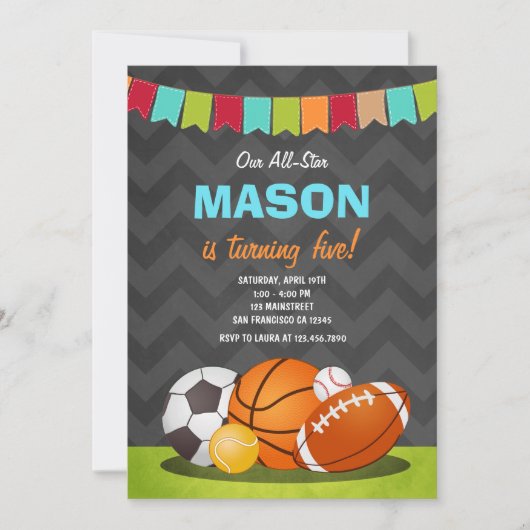 オールスターズバースデーボーイ誕生日招待スポーツ 招待状 (正面)