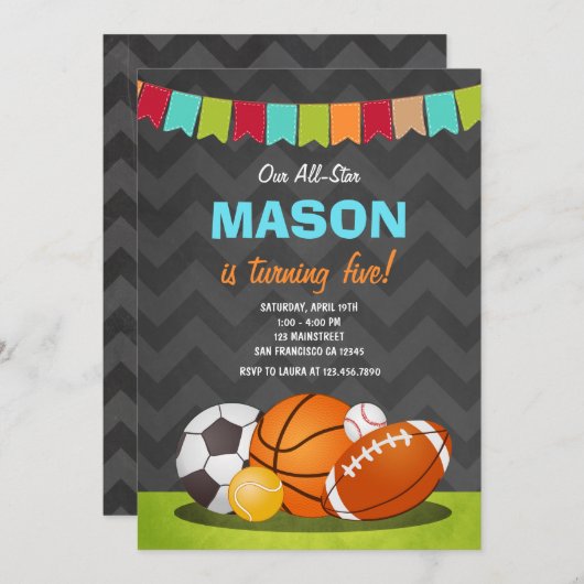 オールスターズバースデーボーイ誕生日招待スポーツ 招待状 (正面/裏面)