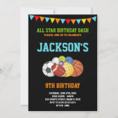 オールスターズブラックスポーツパーティー誕生日招待状 招待状 (正面)