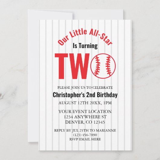 オールスターズベースボール2歳の誕生日 招待状 (正面)