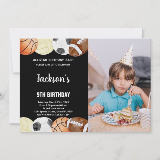 オールスターズ誕生日スポーツ誕生日と写真 招待状 (正面)