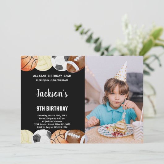 オールスターズ誕生日スポーツ誕生日と写真 招待状 (スタンド正面)