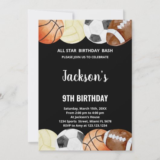 オールスターズ誕生日スポーツ誕生日招待状 招待状 (正面)
