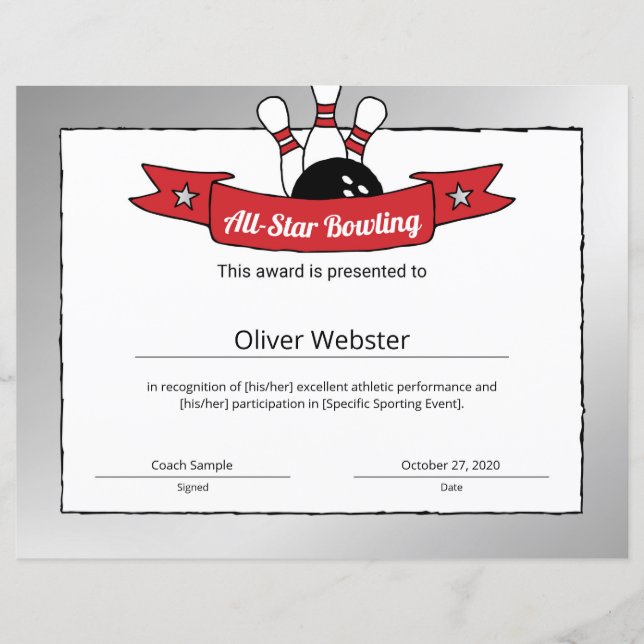 オールスターボーリングプレイヤー賞ボーリング証明書 (正面)