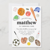 オールスターモダンスポーツボールチームキッドボーイ誕生日 招待状 (正面)