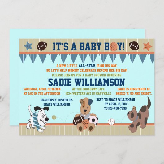 オールスター子犬の男の赤ちゃんのシャワーの招待状 招待状 (正面/裏面)