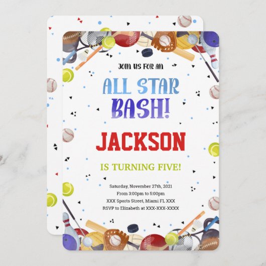 オールスター スポーツ 誕生日 招待状 (正面/裏面)