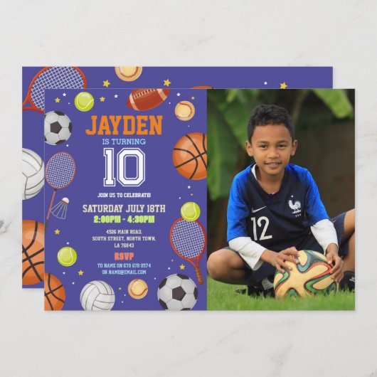 オールスポーツブルー誕生日フォトサッカーサッカー 招待状 (正面/裏面)