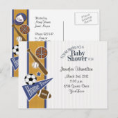 オールスポーツベビーはがき招待状金ゴールド&ブルー インビテーションポストカード (正面/裏面)