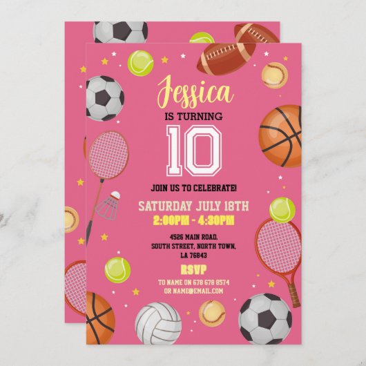 オールスポーツ誕生日サッカーサッカーピンクガールズ 招待状 (正面/裏面)