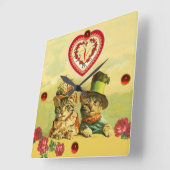 オールドおもしろい・ファッションバレンタイン猫,ハート,バラ スクエア壁時計 (傾斜)