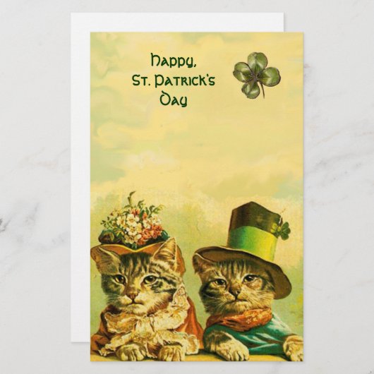 オールドおもしろい・ファッション・セント・パトリックの日の猫、シャムロック 便箋 (正面/裏面)