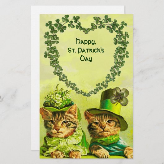 オールドおもしろい・ファッション・セント・パトリックの日の猫、シャムロック 便箋 (正面/裏面)