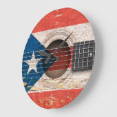 オールドアコースティックギターのプエルトリコ国旗 ラージ壁時計 (傾斜)
