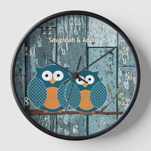 オールドアパーソナライズされたア素朴ウッドラブバードフール 壁時計 (正面)