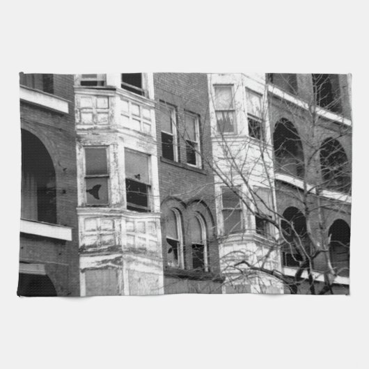 オールドアパートメント建物B/W キッチンタオル (横)