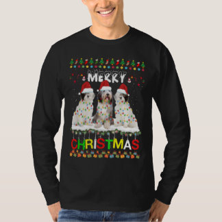 オールドイングリッシュシェプドッグクリスマスツリー光クリスマス犬 Tシャツ
