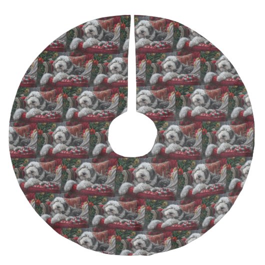 オールドイングリッシュシェプドッグクリスマスフェスティバル ブラッシュドポリエステルツリースカート (正面)