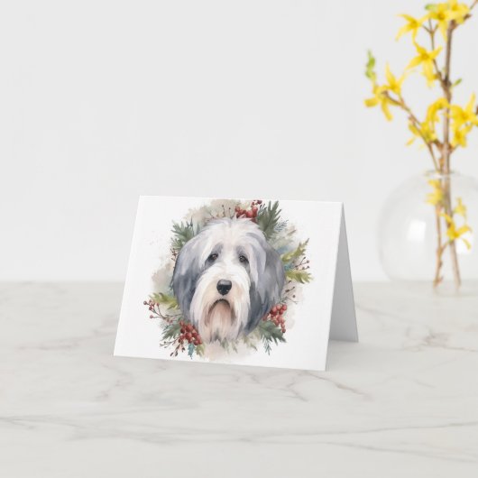 オールドイングリッシュシェプドッグクリスマスリースフェスティバルカップ カード (黄色い花)