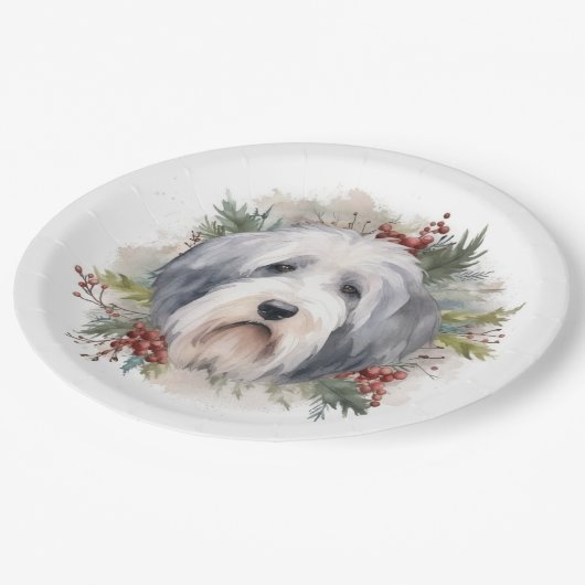 オールドイングリッシュシェプドッグクリスマスリースフェスティバルカップ ペーパープレート (アングル)