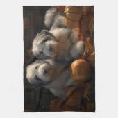 オールドイングリッシュシェプドッグ子犬オータムデライトカボチャ キッチンタオル (縦)