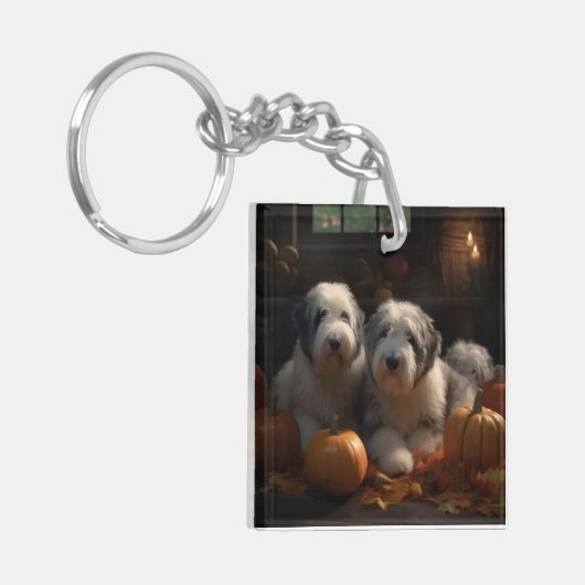 オールドイングリッシュシェプドッグ子犬オータムデライトカボチャ キーホルダー (正面左)