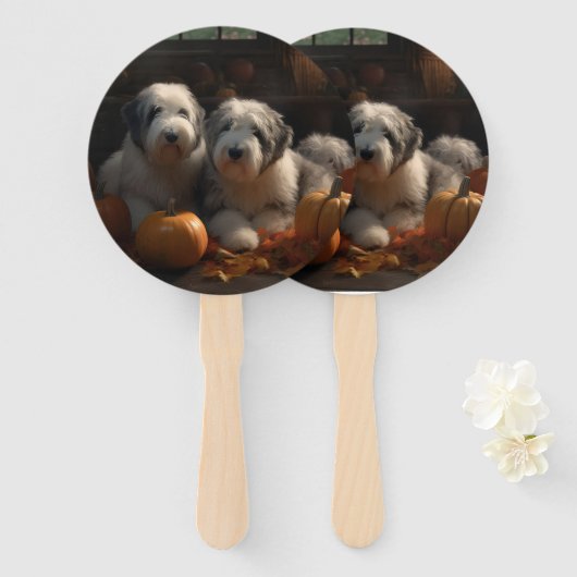 オールドイングリッシュシェプドッグ子犬オータムデライトカボチャ ハンドファン (正面&裏面)