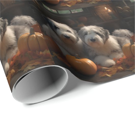 オールドイングリッシュシェプドッグ子犬オータムデライトカボチャ ラッピングペーパー (ロールコーナー)
