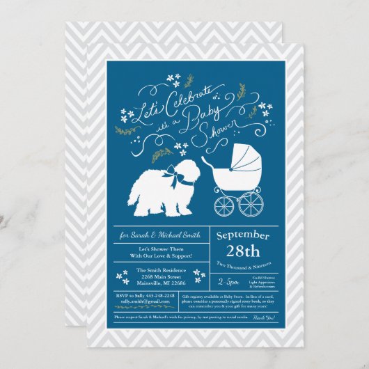 オールドイングリッシュシェプドッグ犬ベビーシャワーボーイブルー 招待状 (正面/裏面)