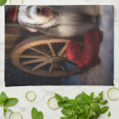 オールドイングリッシュシェプドッグ雪そりのクリスマスデコール キッチンタオル (折り畳み)