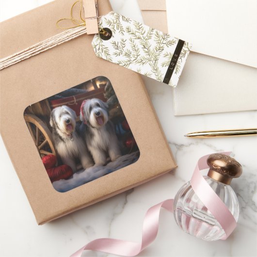 オールドイングリッシュシェプドッグ雪そりのクリスマスデコール スクエアシール (ギフト)