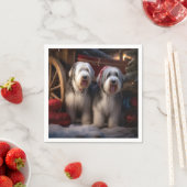 オールドイングリッシュシェプドッグ雪そりのクリスマスデコール スタンダードカクテルナプキン (インサイチュ)