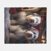 オールドイングリッシュシェプドッグ雪そりのクリスマスデコール フリースブランケット (正面(横))