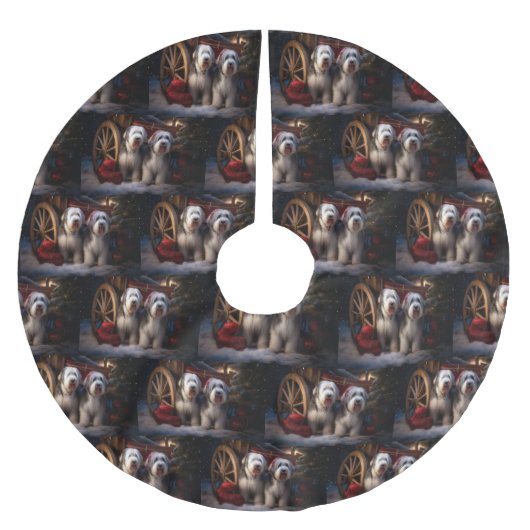 オールドイングリッシュシェプドッグ雪そりのクリスマスデコール ブラッシュドポリエステルツリースカート (正面)