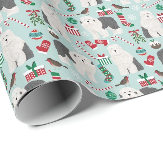 オールドイングリッシュシープドッグスクリスマスラッピング紙 ラッピングペーパー (ロールコーナー)