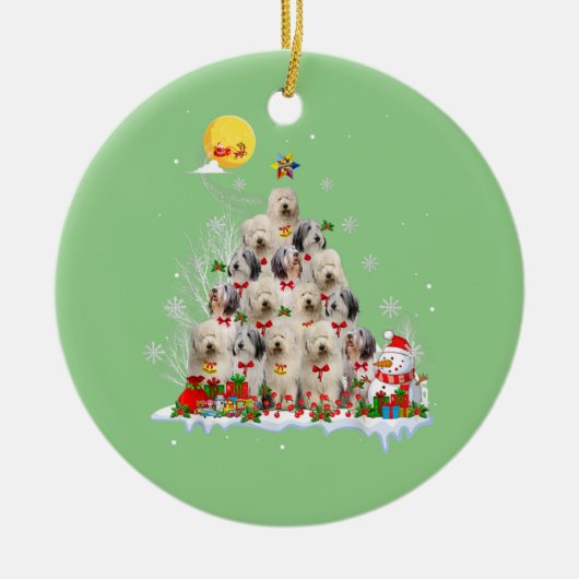 オールドイングリッシュシープドッグトナカイ松クリスマス セラミックオーナメント (正面)