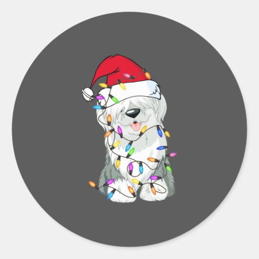 オールドイングリッシュシープドッグライトデコールクリスマスドッグ ラウンドシール (正面)
