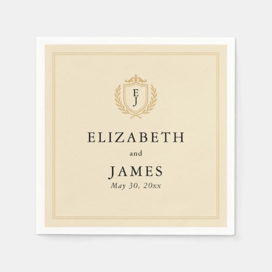 オールドエレガントマネークレスト – アイボリー&金ゴールド結婚ズ スタンダードカクテルナプキン (正面)