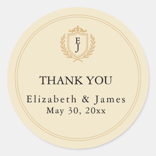 オールドエレガントマネークレスト – アイボリー&金ゴールド結婚ズ ラウンドシール (正面)