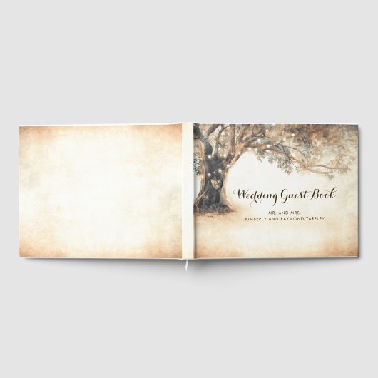 オールドオークの木と彫刻されたハートの結婚屋外 ゲストブック (全面)