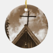 オールドカントリー教会、セピア、クリスマスホリデー セラミックオーナメント (裏面)