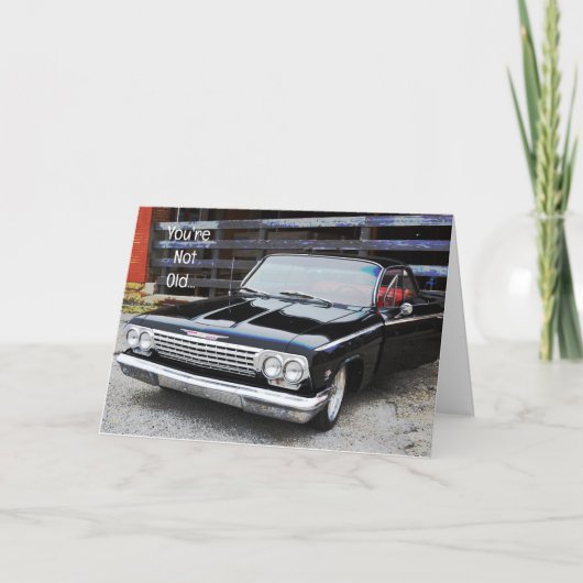 オールドクラシックカーブラックヴィンテージインパラおもしろい誕生日 カード (正面)
