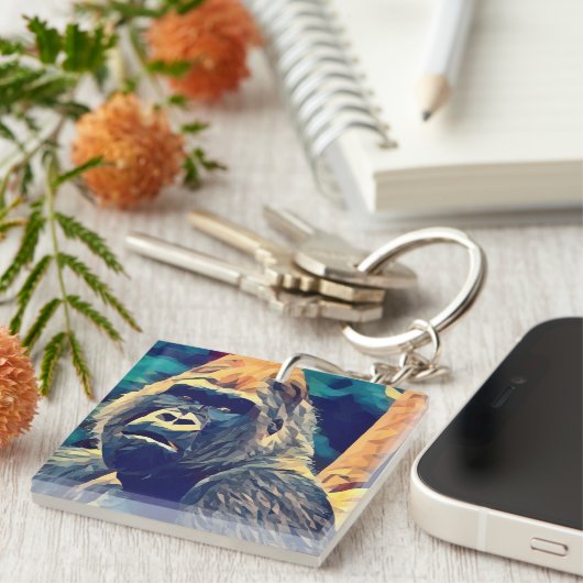 オールドゴリラオリジナル抽象芸術ジャングル動物アート キーホルダー (正面右)